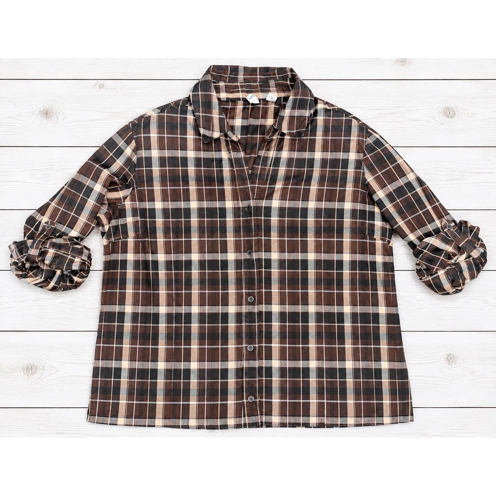 St John's Bay Plaid Button Down Shirt Brown Roll Tab Sleeve Casual Preppy XL